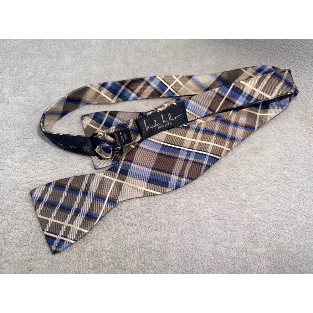 Nicole Miller New York Mens Blue Brown Plaid Silk Self-Tie Bow Tie Adjustable